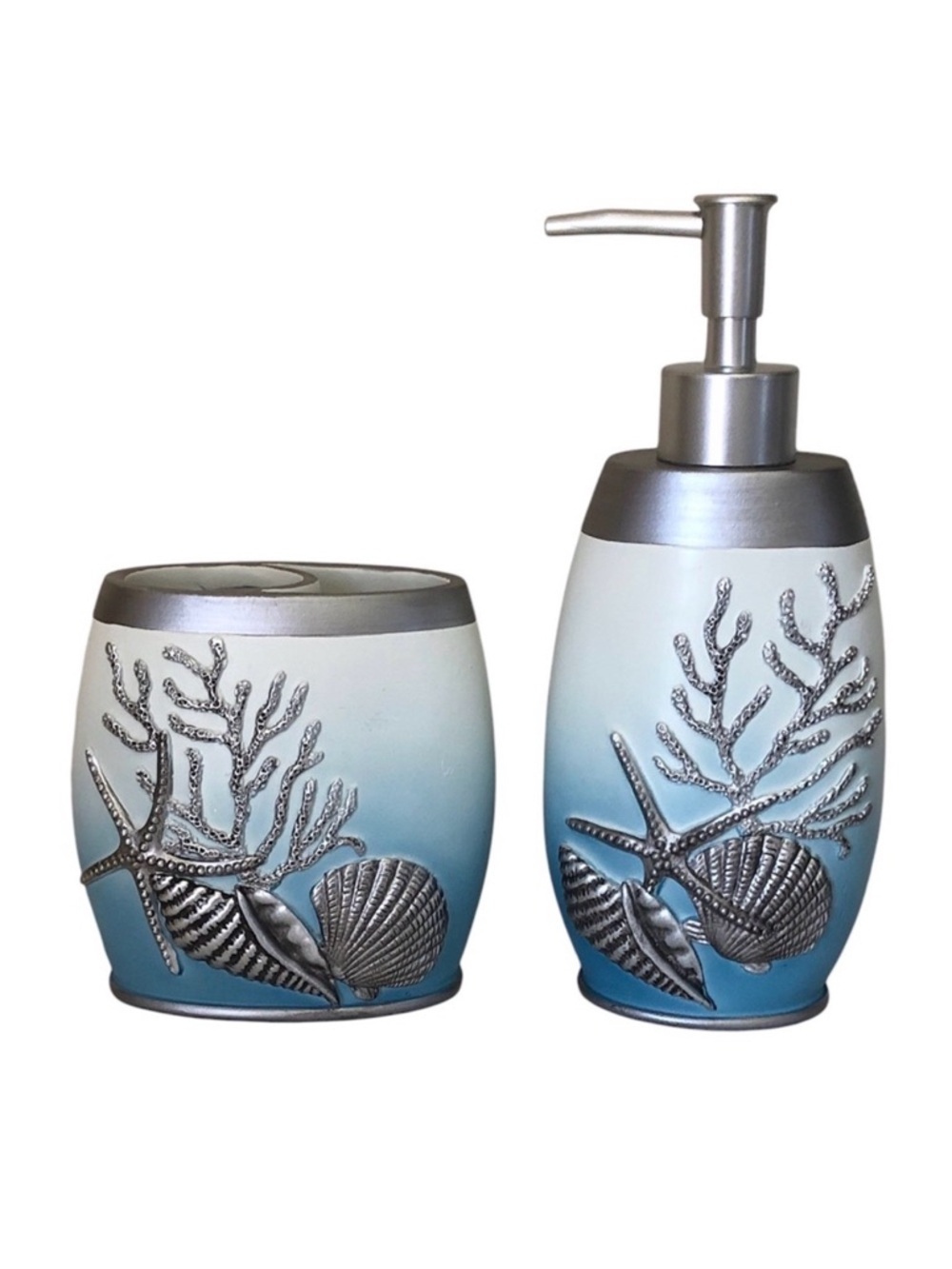 Heaton & Parke Bathroom Soap Dispenser Pump Set Toothbrush Holder 2 Pc Coastal